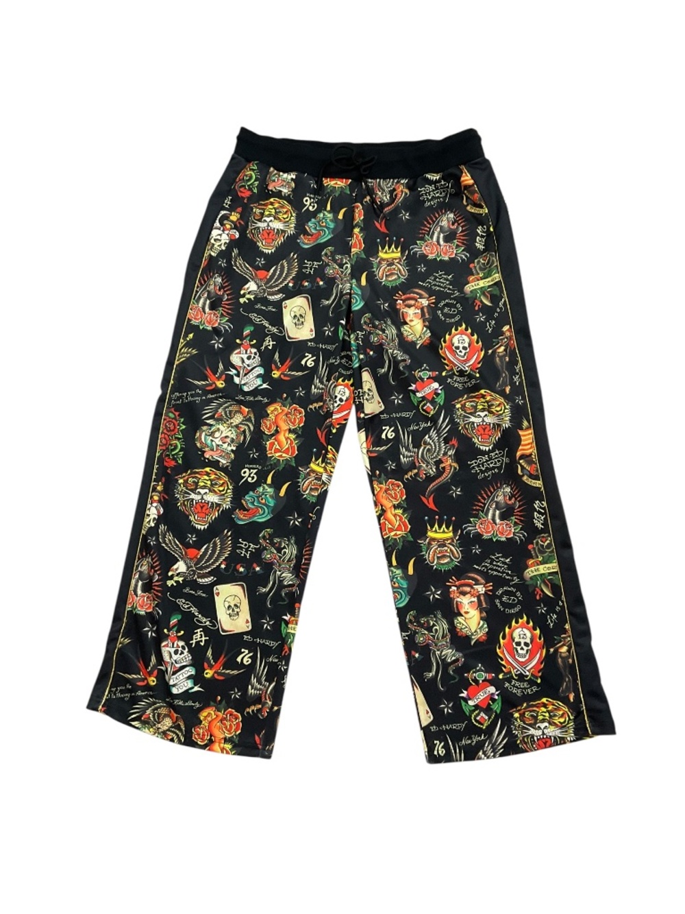 Ed Hardy Flashboard Tattoo Print Track Pants XL Embroidered Y2K Black Wide Leg